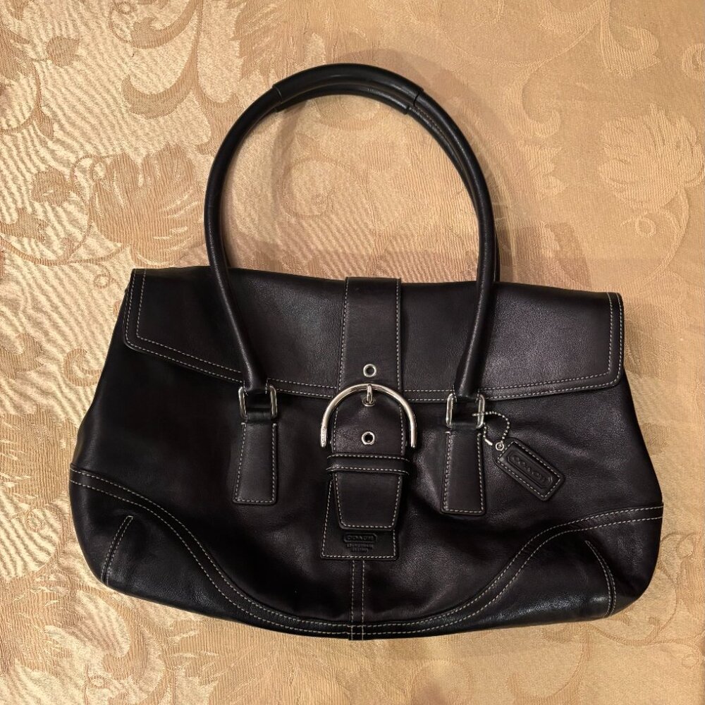 Coach Soho Black Leather Satchel Hand Bag, Silver Hardware, Buckle Snap Closure
